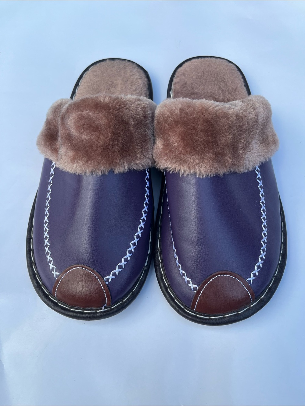 Faux Fur Lined Leather Slippers in Deep Purple and Brown